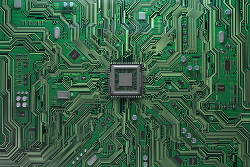 Computer motherboard with CPU. Circuit board system chip with core processor. Computer technology background. 3d illustration