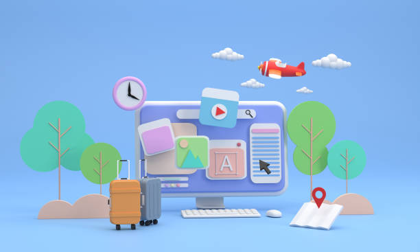 Computer screen showing icons about travel pictures and trees in the background. Suitcases and maps, planes and clouds. Feels like searching for a place to visit then go out stock photo