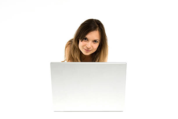 computer woman isolated back ground stock photo