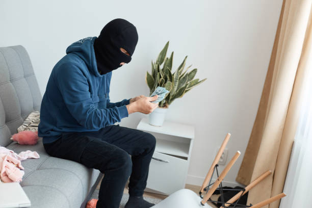 Concentrated male burglar wearing dark blue hoodie and black mask sitting on couch and counting the money he stole from the house he robbing, the thief sits on the couch with cash in his hands. Concentrated male burglar wearing dark blue hoodie and black mask sitting on couch and counting the money he stole from the house he robbing, the thief sits on the couch with cash in his hands. ski mask criminal stock pictures, royalty-free photos & images