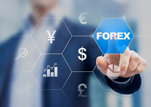 Concept about forex currency exchange on digital screen with trader in the background
