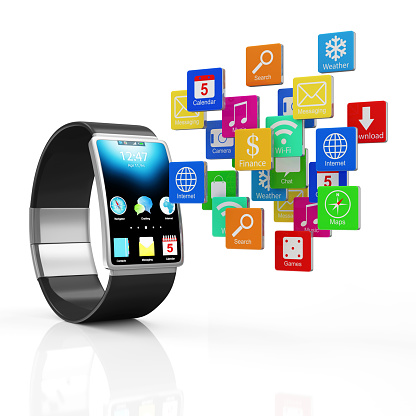 Concept Black Smart Watch With Cloud Of Application Icons Stock Photo - Download Image Now - iStock