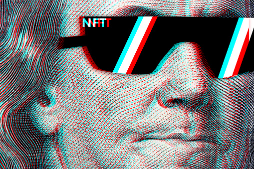 Concept cryptographic nft on a hundred-dollar bill franklin in glasses.