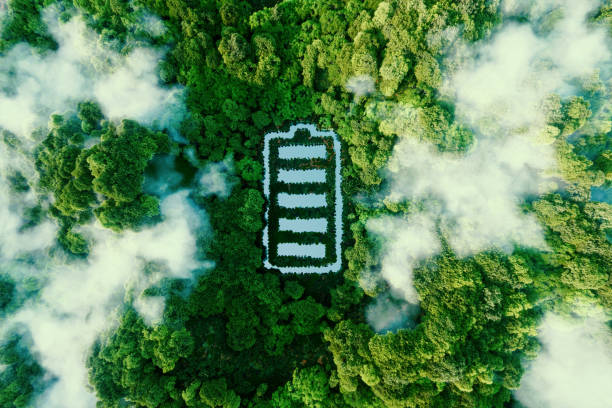 Concept depicting new possibilities for the development of ecological battery technologies and green energy storage in the form of a battery-shaped pond located in a lush forest. 3d rendering. stock photo