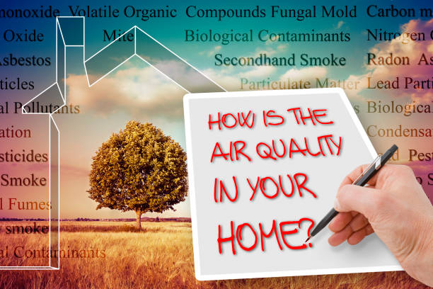 hoe is de luchtkwaliteit in uw huis? - conceptbeeld met de meest voorkomende gevaarlijke binnenlandse verontreinigende stoffen in onze huizen. - asbestinventarisatie stockfoto's en -beelden