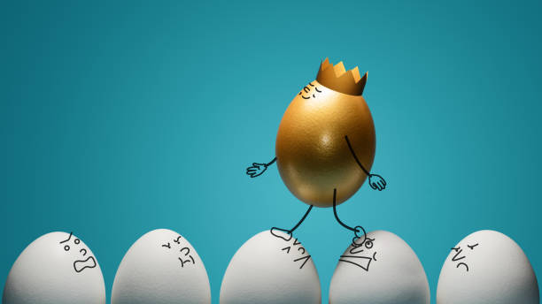 Concept of ambitiousness, careerism. Concept of ambitiousness, careerism. A golden egg walks through heads the white eggs. vanity stock pictures, royalty-free photos & images