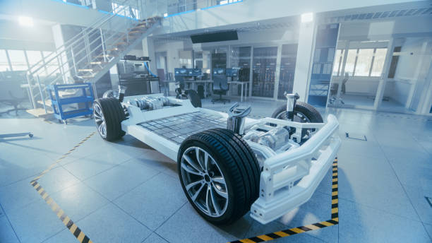 concept of authentic electric car platform chassis prototype standing in high tech industrial machinery design laboratory. hybrid frame include tires, suspension, engine and battery. - car charger imagens e fotografias de stock
