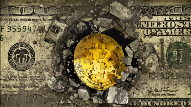 Concept of bitcoin destroying the concrete wall with dollar graffiti, 3d illustration stock photo