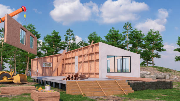 Concept of construction modular house exterior. 3d illustration stock photo