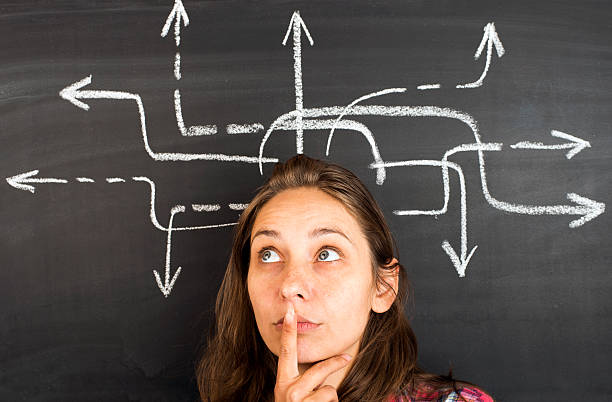 Concept of decision making Arrow sketch on blackboard and pretty young woman smiling to camera. Concept of decision making guide occupation stock pictures, royalty-free photos & images