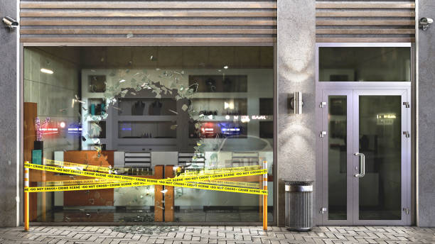 Concept of destroyed glass showcase broken on pieces and crime tape beside, 3d illustration stock photo
