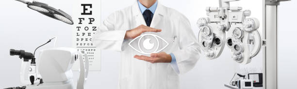 concept of eye examination, optician hands protecting an eye icon, prevention and control, on background tools for diagnostics, web banner concept of eye examination, optician hands protecting an eye icon, prevention and control, on background tools for diagnostics, web banner eye care  stock pictures, royalty-free photos & images