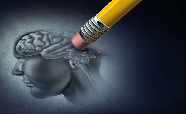 Concept Of Memory Loss Concept of memory loss and dementia disease and losing brain function memories as an alzheimers health symbol of neurology and mental problems with 3D illustration elements. eraser stock pictures, royalty-free photos & images