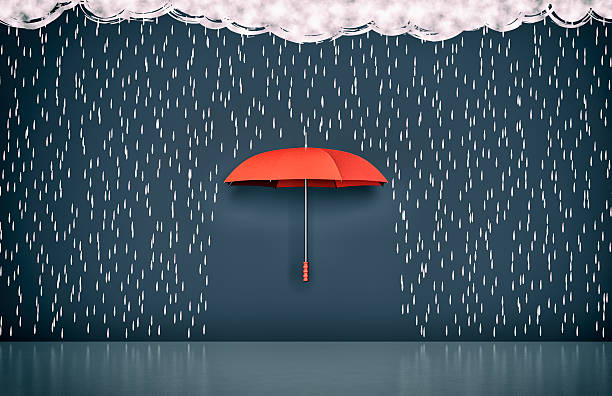 concept of security wall with the drawing of dark clouds, rain and one umbrella, concept of protection and security (3d render) protection stock pictures, royalty-free photos & images