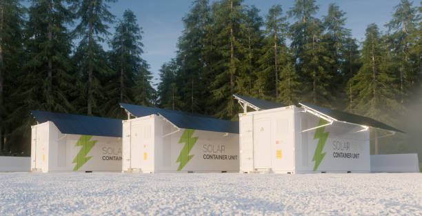 Concept of solar container units situated in forest environment .3d illustration. Concept of solar container units situated in forest environment .3d illustration. energy storage stock pictures, royalty-free photos & images