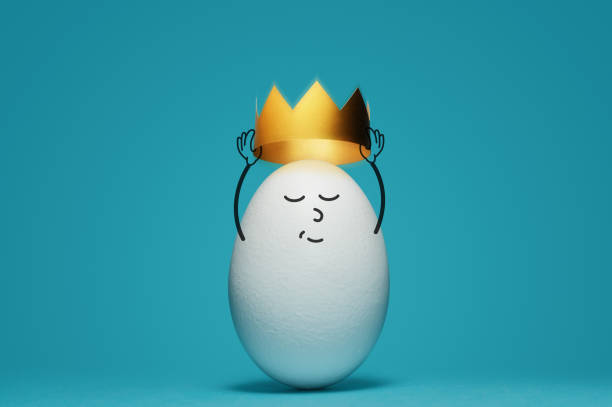 Concept of success. A white egg is dressing a gold crown on blue background. Concept of success. vanity stock pictures, royalty-free photos & images