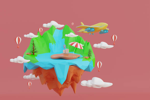 Photo of Concept travel summer vacation island landscape,abstract mountain and sea or lake,on isolated pink background,design for banner, poster,brochure,flyer, cover,3D rendering illustration,low poly style