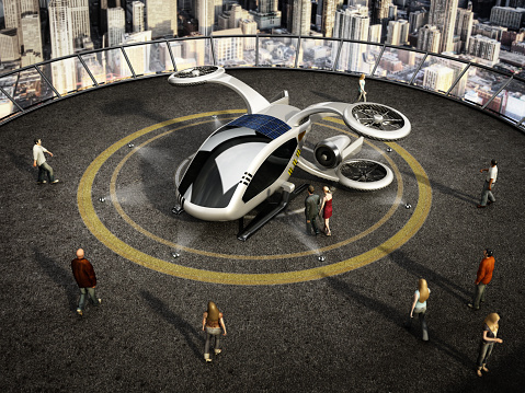 Conceptual eVTOL (electric vertical take-off and landing) aircraft as a taxi/shuttle service at the helipad on top of a building.