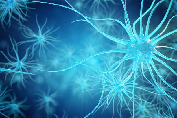 Conceptual illustration of neuron cells with glowing link knots. Synapse and Neuron cells sending electrical chemical signals. Neuron of Interconnected neurons with electrical pulses. 3D illustration stock photo