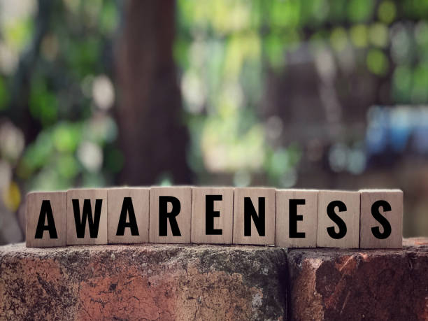 Conceptual. ‘AWARENESS’ word written on wooden blocks. With blurred vintage styled background. environmental consciousness stock pictures, royalty-free photos & images