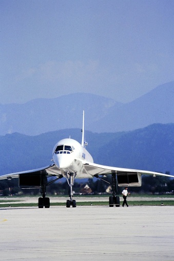 05/01/1983 Klagenfurt, Austria, A Concorde airplane on the taxiway of an airport in Austria in front view