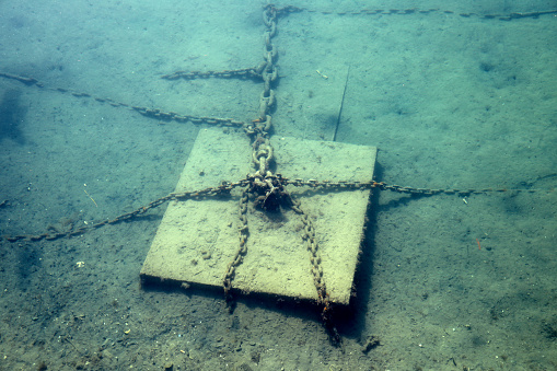 Concrete Block With Chains Used As An Anchor Stock Photo