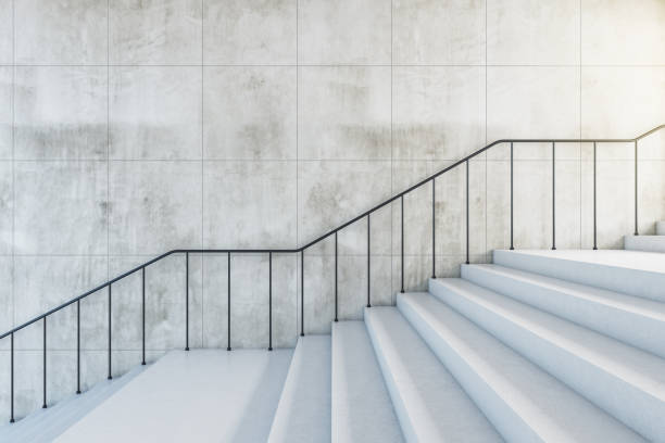 Concrete bright stairs with empty dirty place on the wall. Road to success and challenge concept, 3d rendering stock photo