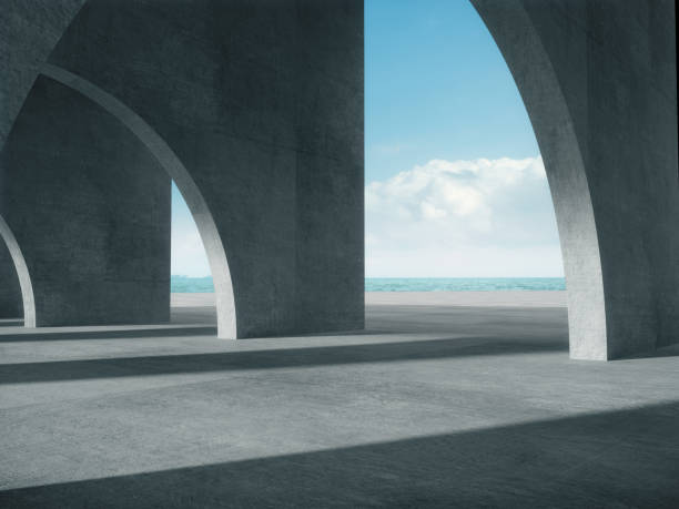 couloir de béton, structure abstraite, fond de vitrine de produit avec le fond de la mer. - fond studio minimaliste beton photos et images de collection