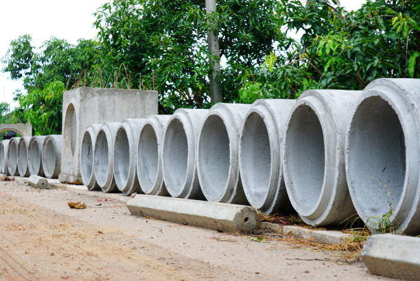 Concrete Drainage Pipe on a Construction Site stock photo