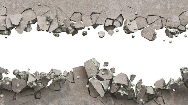 Concrete wall is broken up into the pieces, a horizontal breakdown on a white background, 3d illustration stock photo