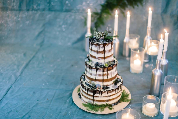 confectionary, dessert, party concept. marvelous cake composed of three tiers, all of them carefully decorated with leaves of different plants, berries and dark chocolate frosting stock photo