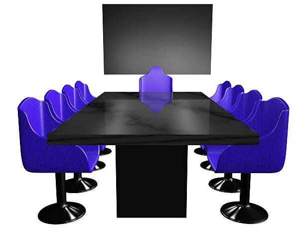 A 3d conference room setup with chairs around a long conference...