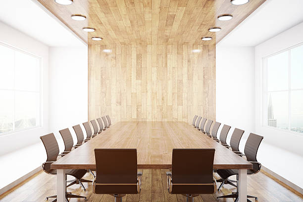 Conference room with city view Modern conference interior with blank wooden wall, equipment and city view. Mock up, 3D Rendering conference table stock pictures, royalty-free photos & images