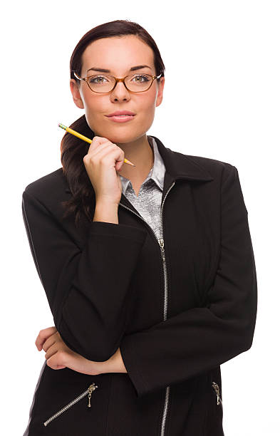Confident Mixed Race Businesswoman or Teacher Holding a Pencil Confident Mixed Race Businesswoman or Teacher Holding a Pencil Isolated on a White Background. hot mexican girls stock pictures, royalty-free photos & images