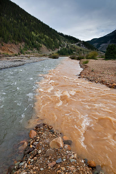 Confluence of Cement Creek and the Animas River The confluence of muddy colored Cement Creek and the Animas River was photographed in Silverton, Colorado, USA. jeff goulden san juan mountains stock pictures, royalty-free photos & images