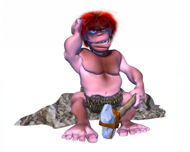 Confused 3d caveman character sitting on a rock stock photo