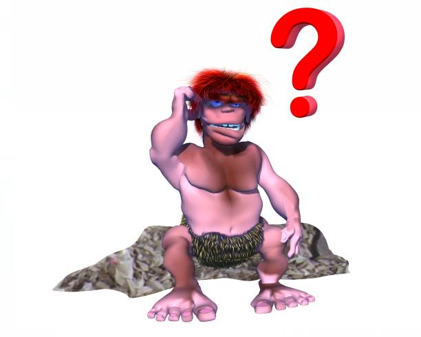 Confused 3d caveman character with a question mark over his head stock photo