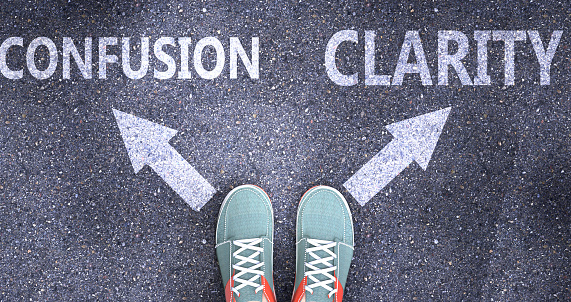 Confusion and clarity as different choices in life - pictured as words Confusion, clarity on a road to symbolize making decision and picking either Confusion or clarity as an option, 3d illustration.
