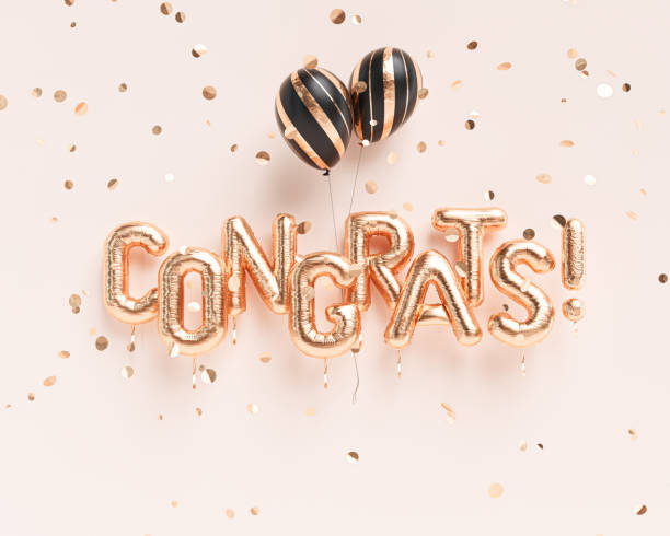 Congrats text with golden confetti. Congratulations banner. 3d rendering Congrats text with golden confetti. Congratulations banner. 3d rendering inflatable balloon stock pictures, royalty-free photos & images