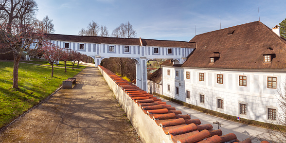 Cesky Krumlov, Czech republic - 04 24 2021: Connecting corridor, covered bridges - between the Minorite Monastery and the Historical Parks, Castle Cesky Krumlov