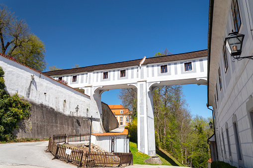 Cesky Krumlov, Czech republic - 05 11 2021: Connecting corridor, covered bridges - between the Minorite Monastery and the Historical Parks, Castle Cesky Krumlov