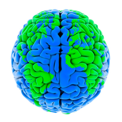 High quality 3d render of a brain with a map of earth, isolated on white, clipping path included