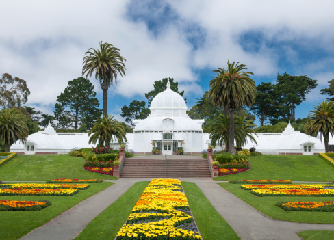 Entrance to San Francisco's Conservatory of Flowers, which is a beautiful Victorian greenhouse built in the 1870's.