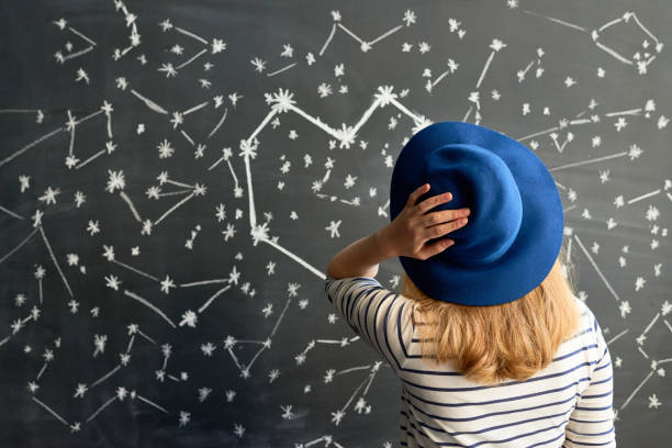 Constellation in the shape of a heart Rear view of young woman in striped shirt and hat looking at constellation in the shape of heart astrology stock pictures, royalty-free photos & images
