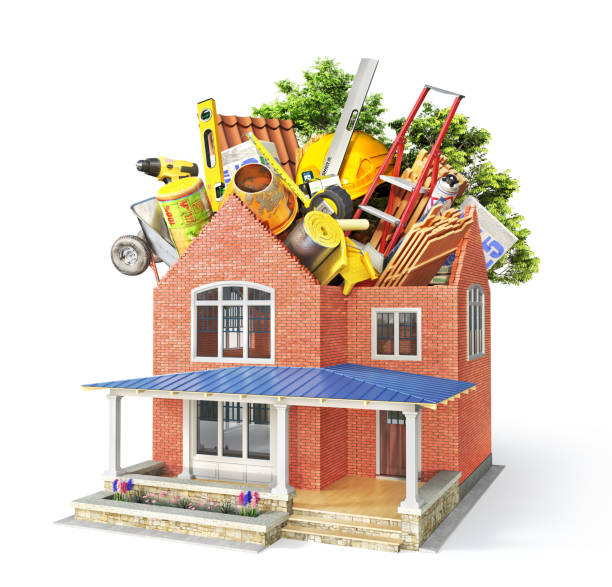 Construction concept. House with building materials on a white background. 3d illustration stock photo