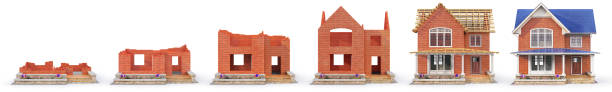 Construction concept. Houses in building process at different stages. 3d illustration stock photo