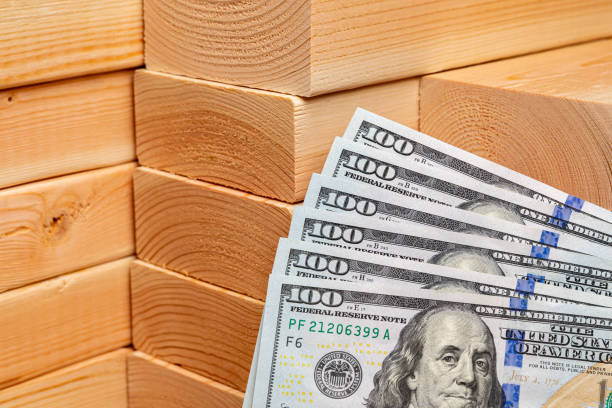 Construction lumber with cash money. Building materials price increase, home construction and remodeling cost concept. background, no people lumber stock pictures, royalty-free photos & images