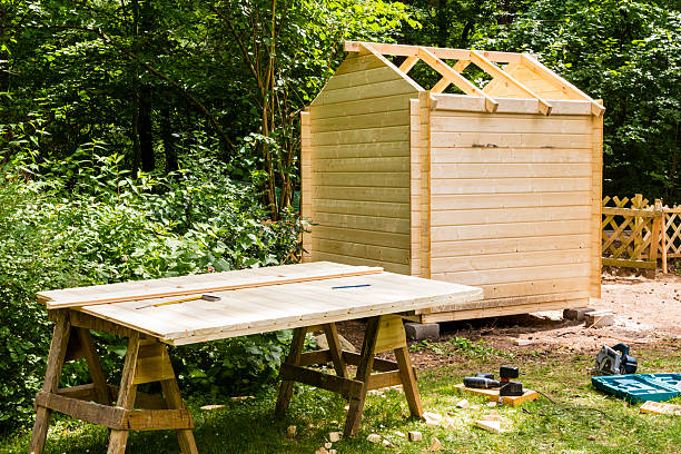 Construction of a wooden hut stock photo