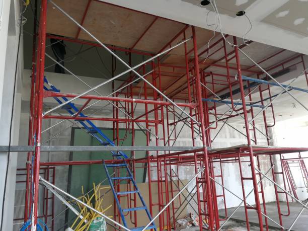 Construction of metal frame scaffolding stock photo