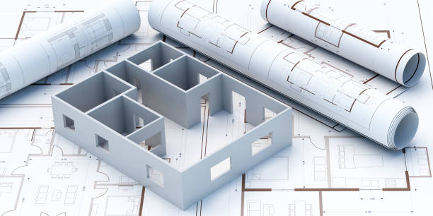 Construction project concept. Architecture blueprint background, 3d illustration stock photo